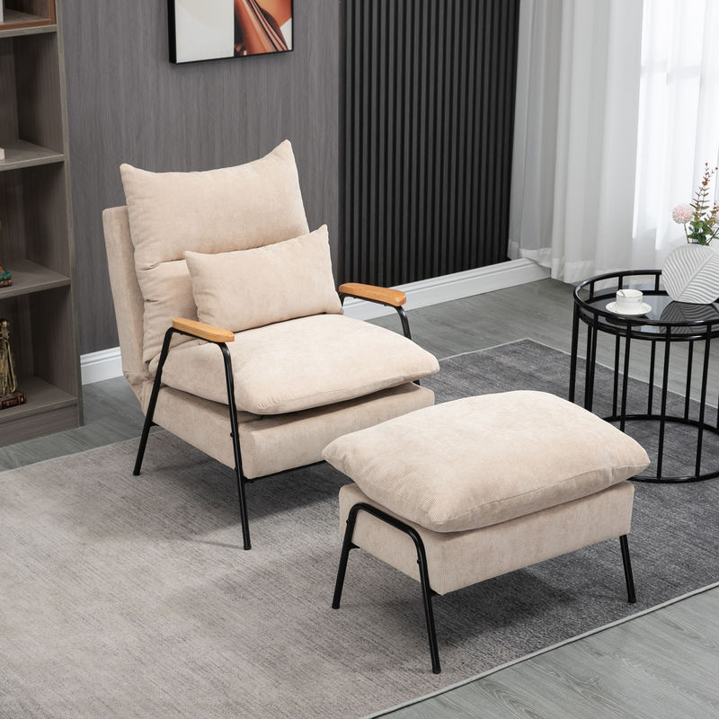 HOMCOM Relaxsessel mit Hocker in Beige mit verstellbarer Rückenlehne und Liegefunktion, moderner Polstersessel mit Cord-Optik und Stahlrahmen, belastbar bis 180 kg - Bild 2
