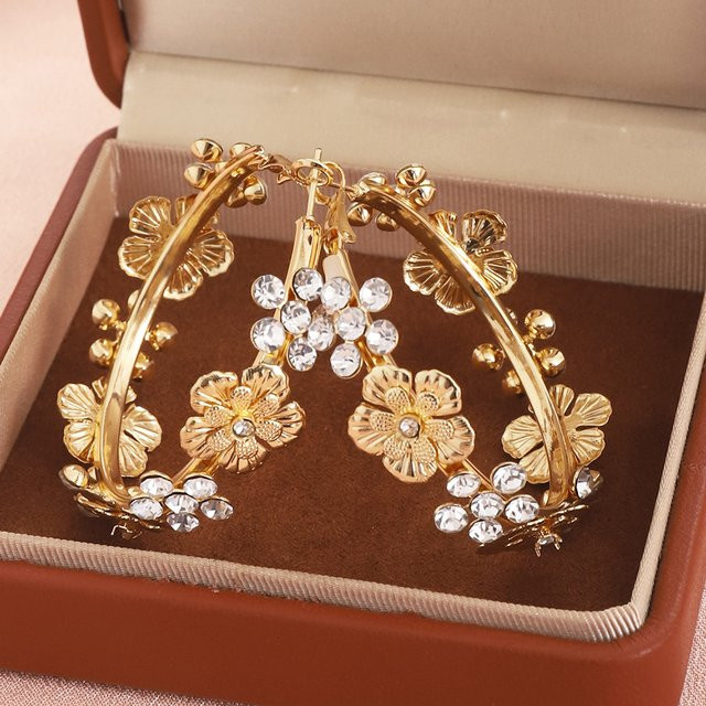 Lush Glam Kreolen, Blatt- und Blumenmuster, Goldfarben, Damen, Vintage - Bild 1