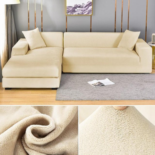 Elastischer Samt-Sofabezug von Your Warm Home in Beige für 3-Sitzer Ecksofas - Bild 1