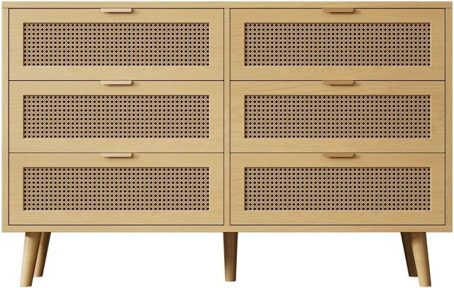 PXloue Sideboard Kommode mit 6 Schubladen in Walnuss, Retro-Design aus Holz, B/H/T: 120 x 76,5 x 40 cm - Bild 1