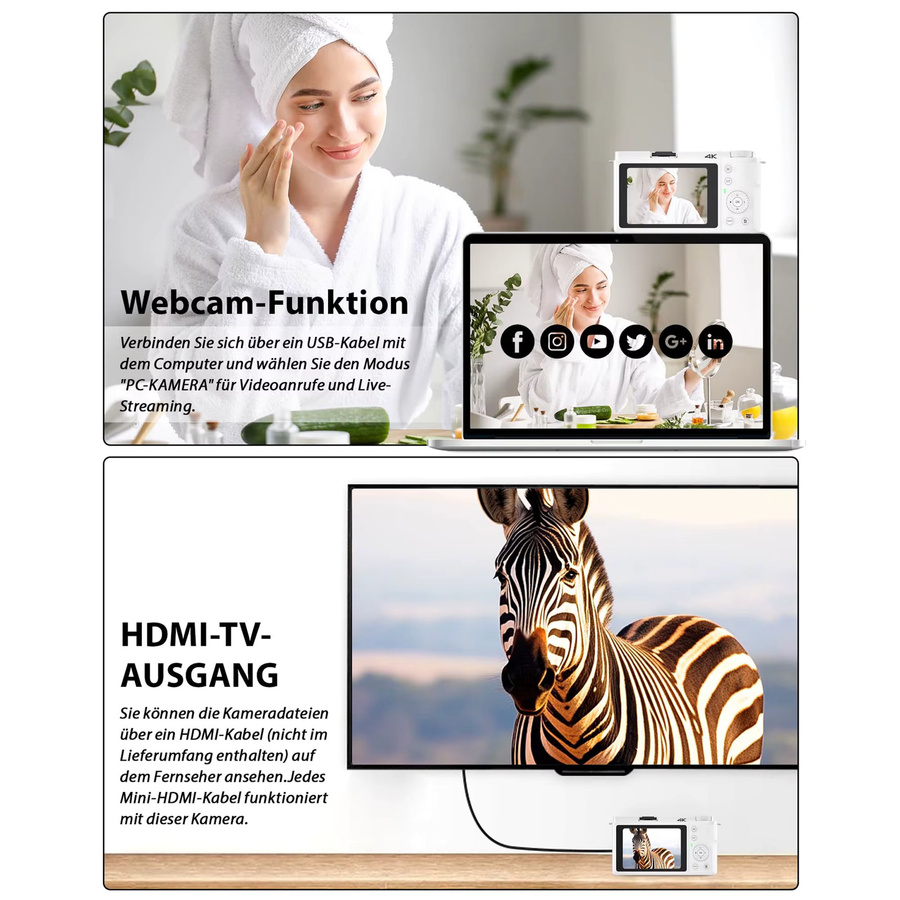 DEMANN GMBH Digitalkamera 4K mit 64 Megapixel, 12-fachem optischem Zoom und optischer Bildstabilisierung, kompakte weiße WLAN Vlog Kamera für Foto und Video inklusive 2 Akkus und 64GB TF-Karte - Bild 5