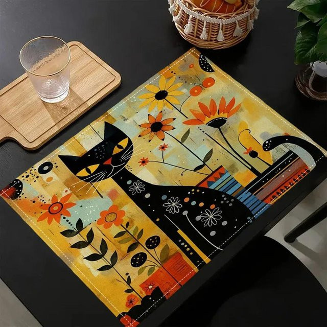 Lodestar Platzset Set mit schwarzer Katze und Aquarell Blumenmuster aus Leinen, beige/mehrfarbig, B: 32 cm, T: 42 cm - Bild 1