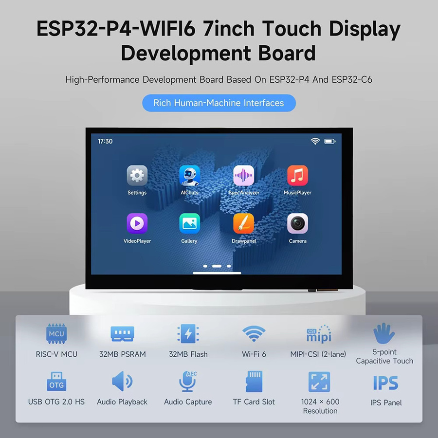 Waveshare ESP32-P4 WIFI6 7-Zoll IPS Touchscreen-Display Entwicklungsboard mit ESP32-C6 und OV5647 Kamera in Schwarz - Bild 3