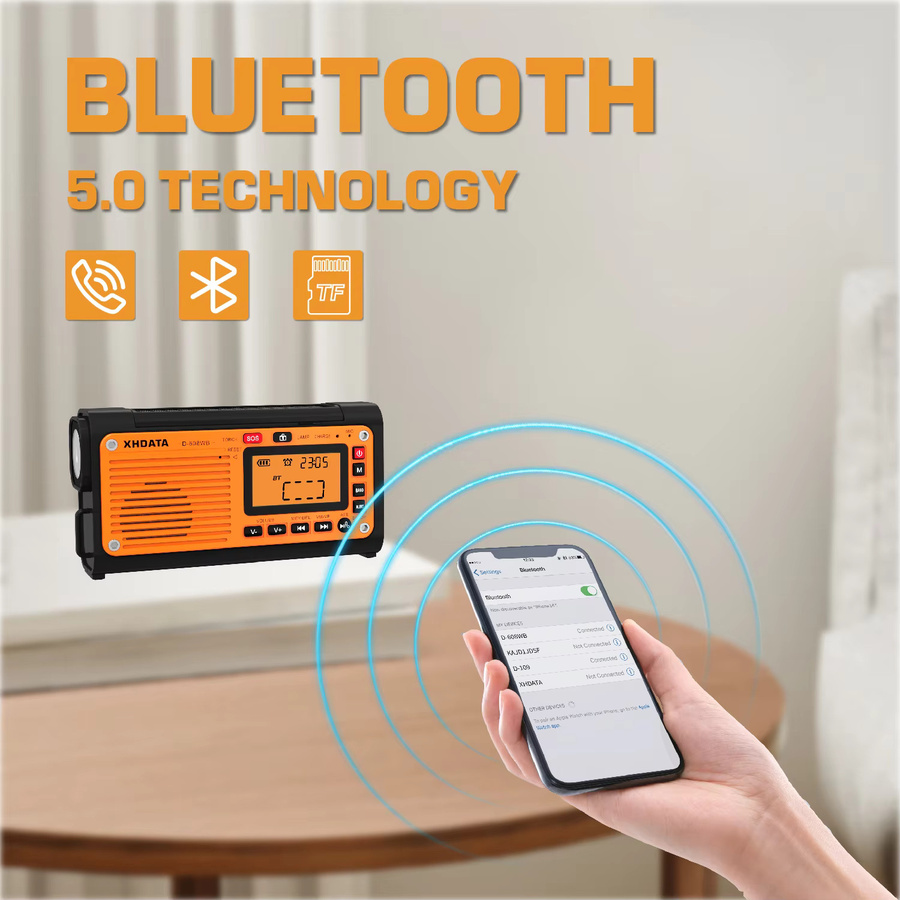 XHDATA D-608WB Notfall-Wetterradio mit Bluetooth, Kurbel und Telefonladegerät, FM/AM/SW/NOAA-Alarm, tragbares batteriebetriebenes Radio - Bild 4