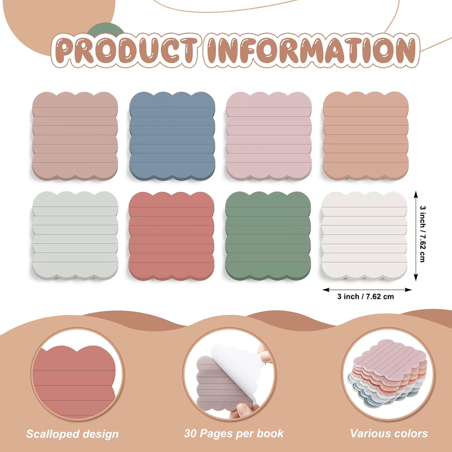 4er Pack fächerförmige Haftnotizen mit gewelltem Rand in Retro-Farben, selbstklebendes liniertes Notizpapier für Tagebuch und Planer, Mehrfarbig - Bild 2