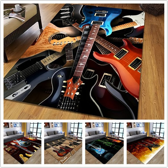 Waschbarer Teppich mit Gitarren-Muster in Multicolour, Vintage Anti-Rutsch Bodenmatte für Wohnzimmer, Schlafzimmer oder Spielzimmer - Bild 1
