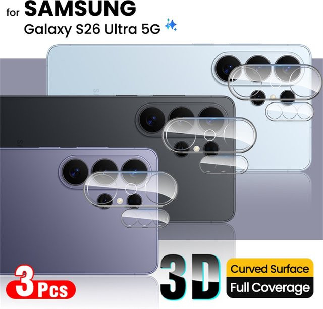 3er-Set transparente 3D-Glas-Kameraschutzfolie für Samsung Galaxy S26 Ultra, S26+ und S26 5G mit gebogener Objektivabdeckung - Bild 1