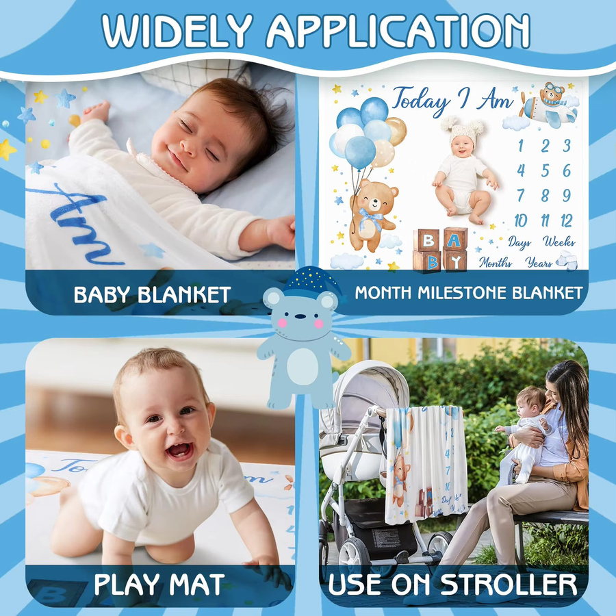 VIKAMA Niedliche Bären-Meilenstein-Decke in Weiß als Baby-Monatswachstums-Fotomatte für Neugeborenen-Fotografie und Kinderzimmer-Dekoration - Bild 2