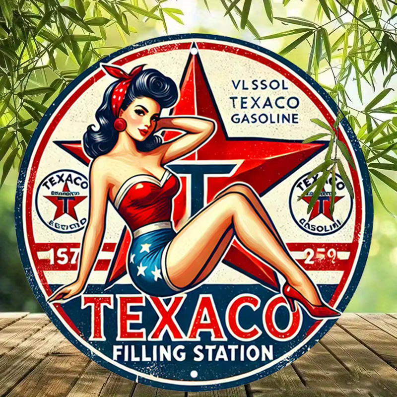 Potdemiel Vintage Texaco Rundes Aluminiumschild – Retro Pin-Up Metallblech-Wandkunst in Mehrfarbig, Durchmesser: 20 cm - Bild 3