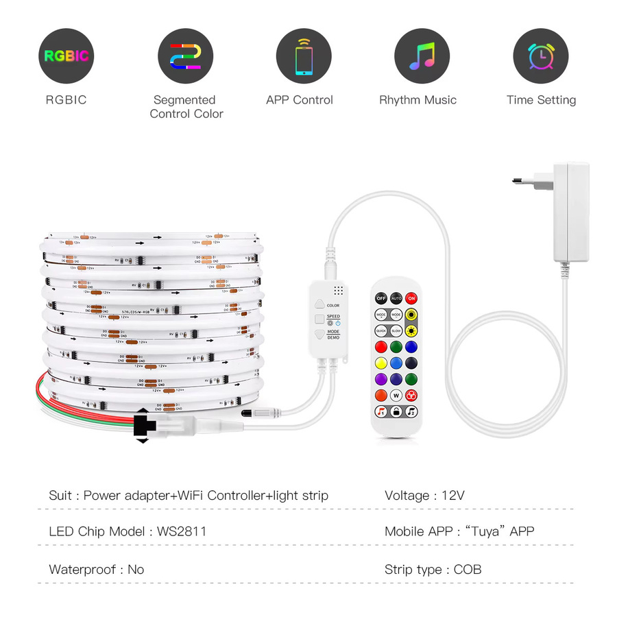 CHNAITEKE Tuya Smart WIFI RGBIC COB LED Streifen, adressierbarer WS2811 IC Neon LED Lichtstreifen in Multicolour, 12V mit App-Steuerung für Alexa und Google Assistant - Bild 2