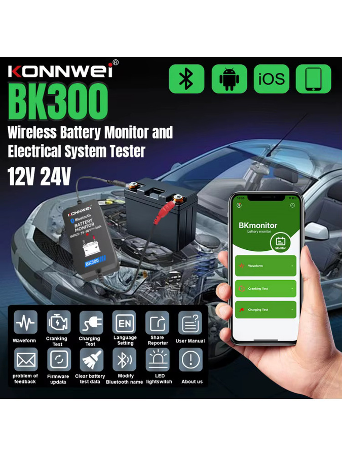 KONNWEI BK300 Blei-Säure-Starterbatterie-Analysegerät mit Bluetooth 5.0 für 12V und 24V, Schwarz - Bild 7