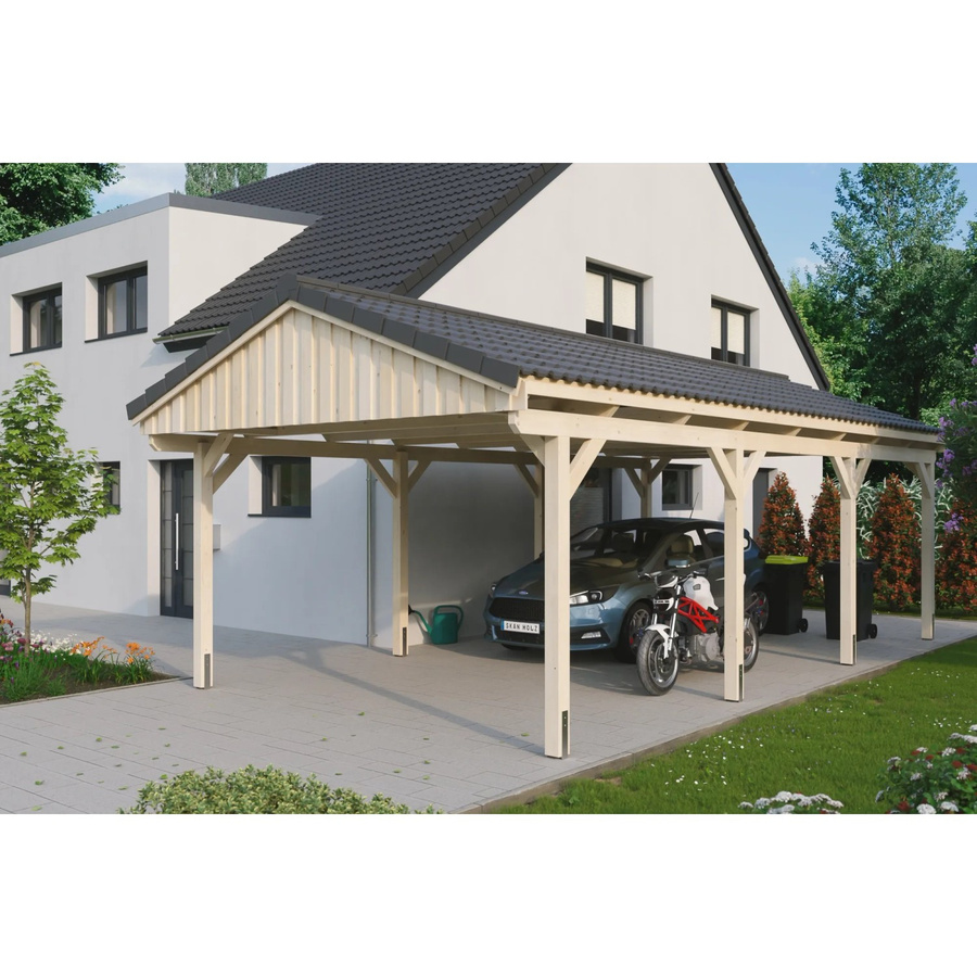 Skan Holz Carport Fichtelberg aus Fichte Leimholz in Beige mit spitzer Dachform, B/T: 423 x 808 cm, Höhe: 326 cm - Bild 2