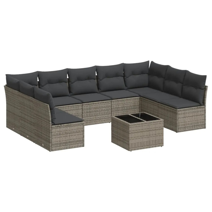 vidaXL 10-teilige Garten-Sofagarnitur in Grau aus Poly-Rattan mit Kissen und Gartentisch - Bild 2