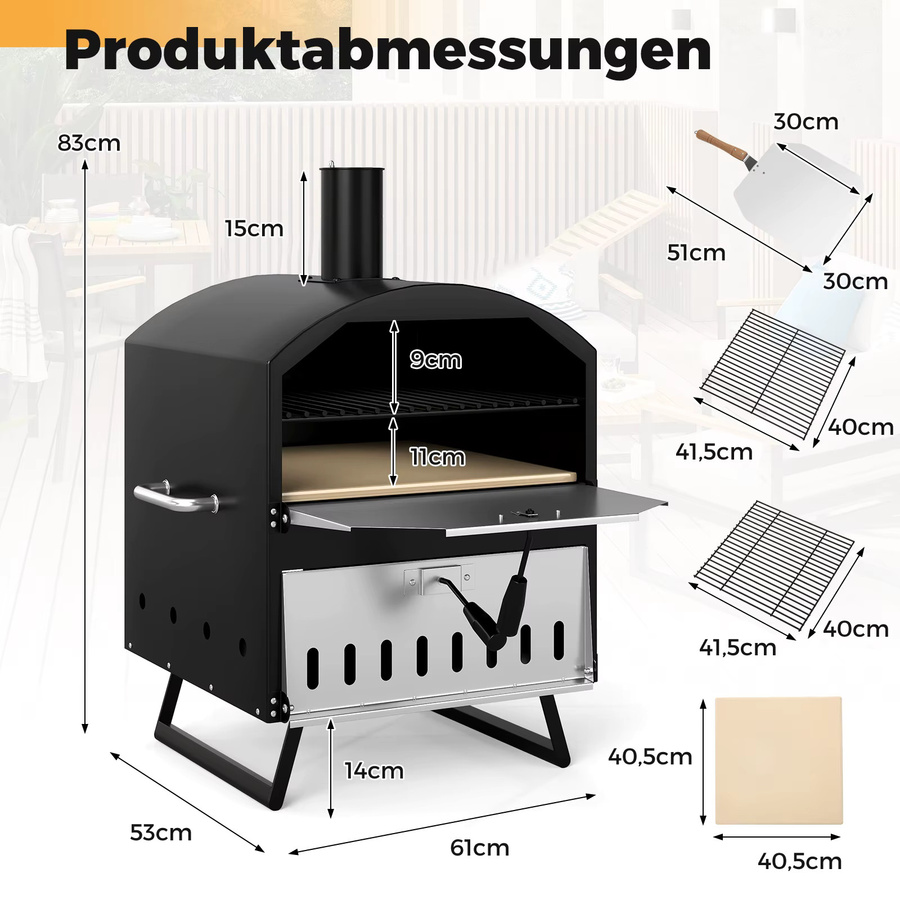 GOFLAME Tragbarer Holzbefeuerter Pizzaofen für den Außenbereich in Schwarz mit Pizzastein, Pizzaschieber, Grillrost und Abdeckung, B/T/H: 83 x 61 x 53 cm - Bild 5