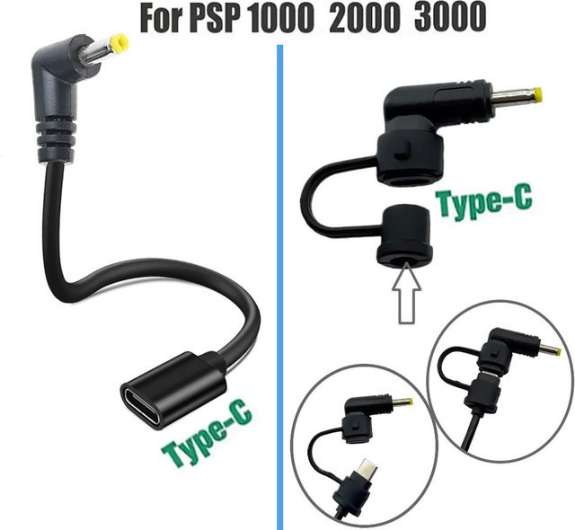 90 Grad USB-C Ladekabel für PSP 1000 2000 3000 Spielkonsole, USB-C PD Adapter Ladegerät, Schwarz - Bild 1