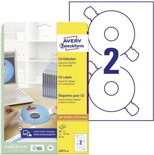 Avery Zweckform L6015-25 CD-Etiketten Ø 117mm Weiß Papier 50 Stück Permanent haftend - Bild 1