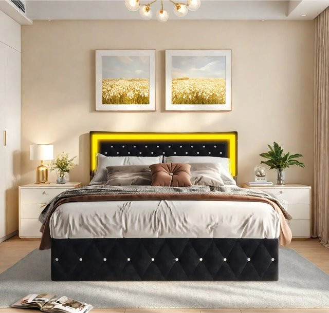 Rosahqnda Doppelbettgestell aus Samt mit LED-Beleuchtung, verstellbarem Kopfteil und hydraulischem Stauraum, B/T/H: 140 x 200 cm, Schwarz - Bild 1