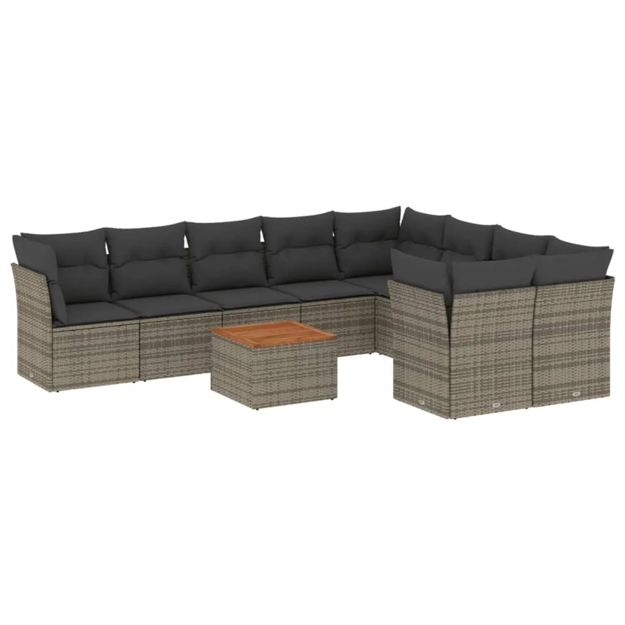 vidaXL 10-tlg Garten-Sofagarnitur aus Poly-Rattan und Akazienholz in Grau mit Kissen - Bild 2