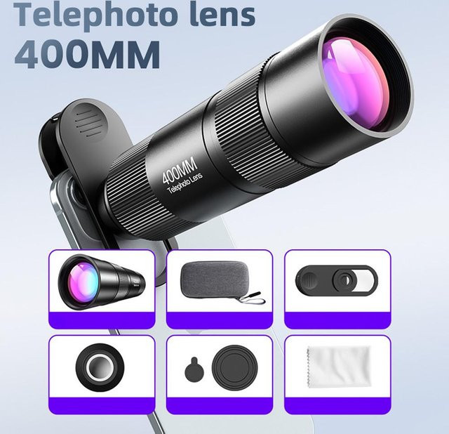 Teleobjektiv für Smartphone mit 400mm Zoom, universeller Objektivclip, Reinigungstuch und Aufbewahrungstasche, Schwarz - Bild 1