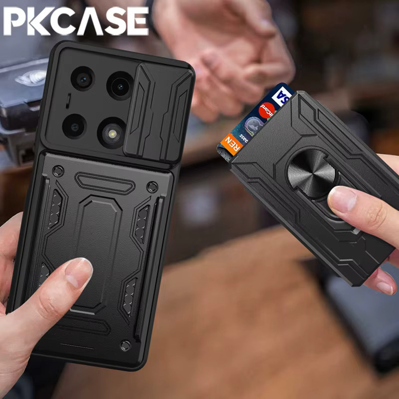 PKCASE Stoßfeste Handyhülle mit Kartensteckplatz und magnetischem Push-Window für Xiaomi 15 Ultra, 15T, 14, 14T und 13 Pro in Schwarz oder Blau - Bild 2