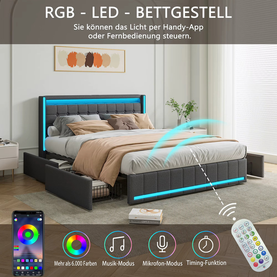 Rosahqnda Modernes Doppelbett mit Schubladen, LED-Beleuchtung und USB-Anschluss, Massivmetall und Leinen, Dunkelgrau, 160 x 200 cm - Bild 2