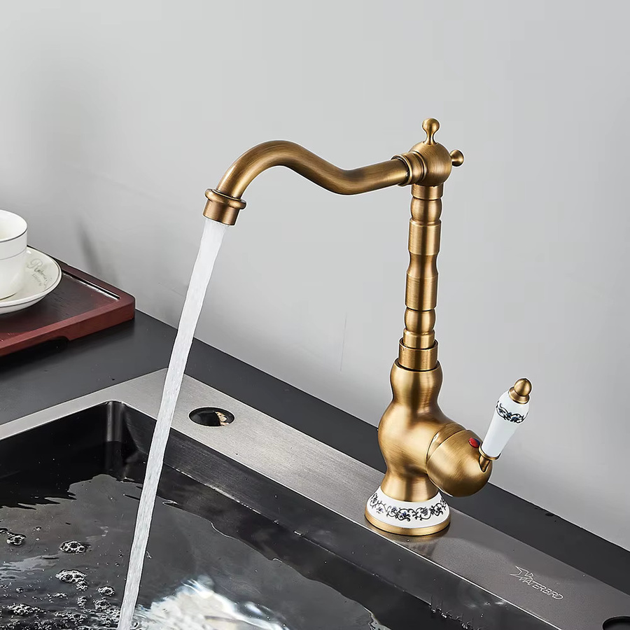 Antiker Messing-Wasserhahn von poiqihy in Gold mit drehbarem Auslauf für Waschbecken und Küche - Bild 2
