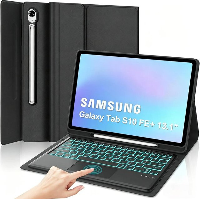 Abnehmbare beleuchtete Tastaturhülle für Samsung Galaxy Tab S10 FE Plus 13,1 Zoll mit Stifthalter in Schwarz und Multicolour - Bild 1