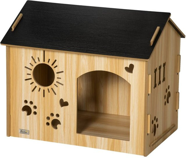 PawHut Hundehütte aus Holz im Landhaus-Design, wetterfestes Kleintierhaus mit erhöhtem Boden, Farbe: Schwarz/Eiche, B/H/L: 50 x 58,5 x 69 cm - Bild 3