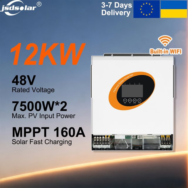 jsdsolar Hybrid-Wechselrichter 12000W 48V On-Grid/Off-Grid mit Dual-MPPT, 230V PV-Eingang bis 500VDC, Smart BMS und 160A MPPT Ladegerät, Reine Sinuswelle, Farbe: Weiß - Bild 1