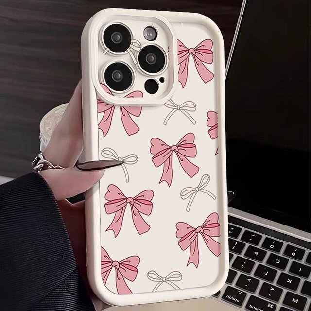 Handyhülle mit Rosa Schleife Print für Apple iPhone 12 bis 17 Pro Max aus Soft TPU Silikon in Pink, Beige und Weiß - Bild 1