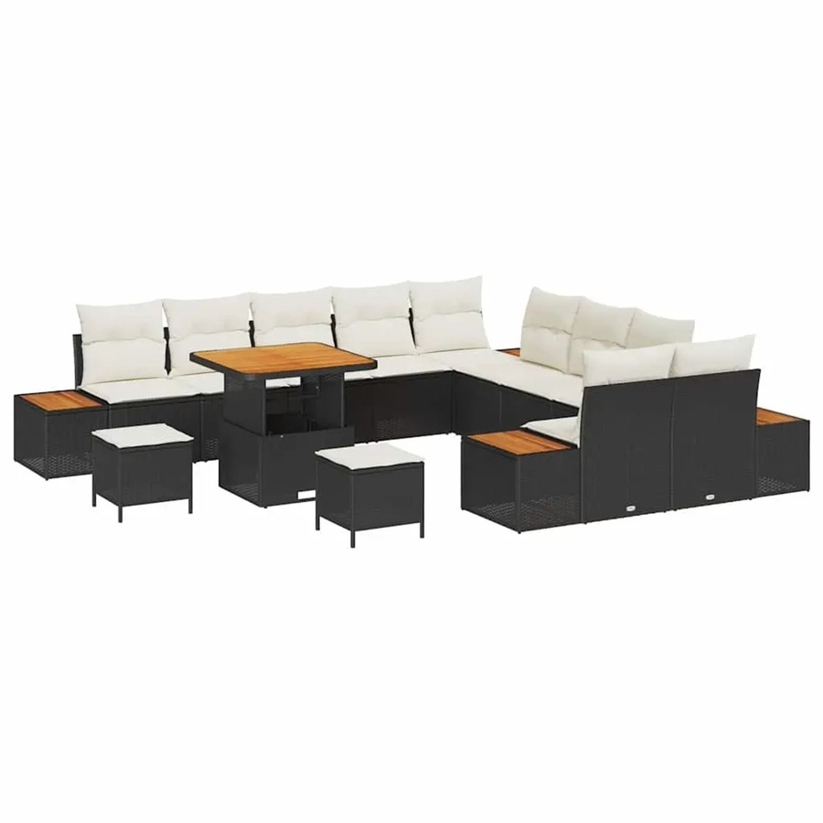 vidaXL Garten-Sofa-Set aus Polyrattan in Schwarz mit 13-teiligem Set und Kissen in Schwarz-Creme - Bild 2
