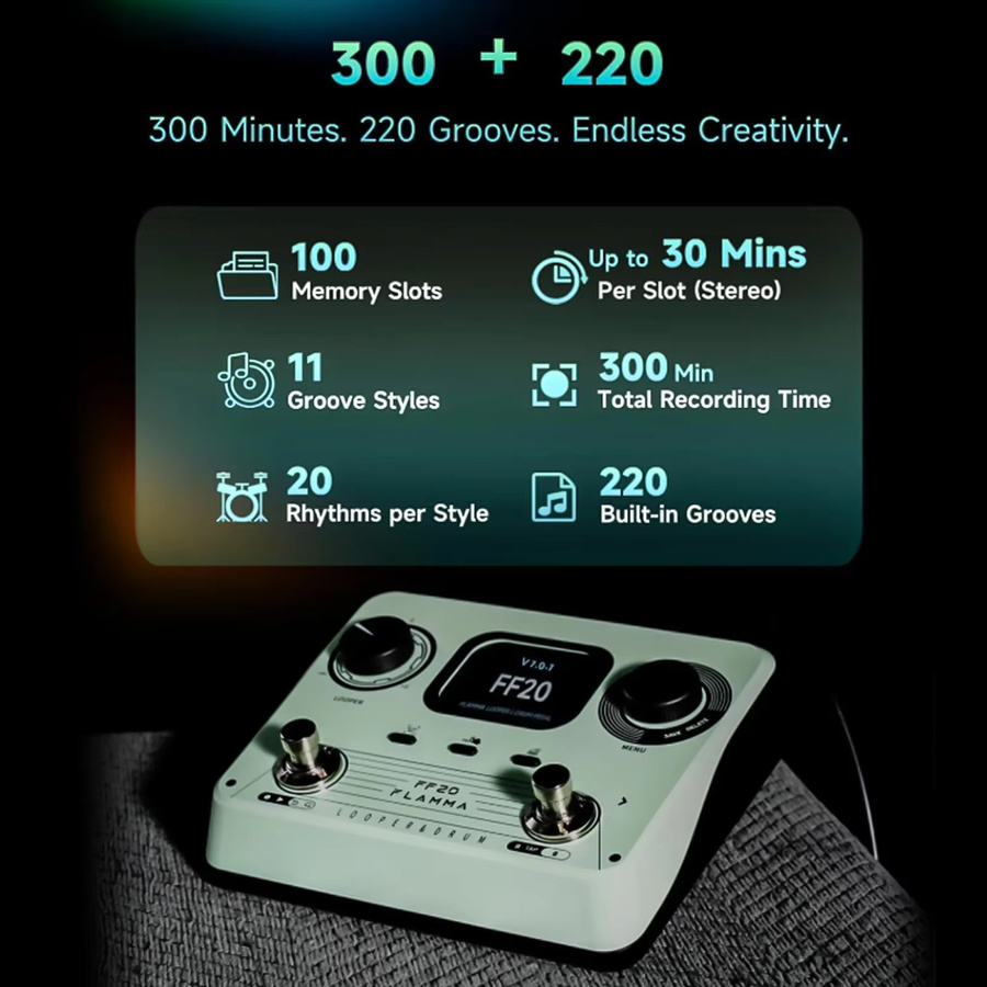 Flamma FF20 All-In-One Looper und Drum Machine Pedal in Grün mit 220 Rillen, 100 Loops und Stereo I/O - Bild 3