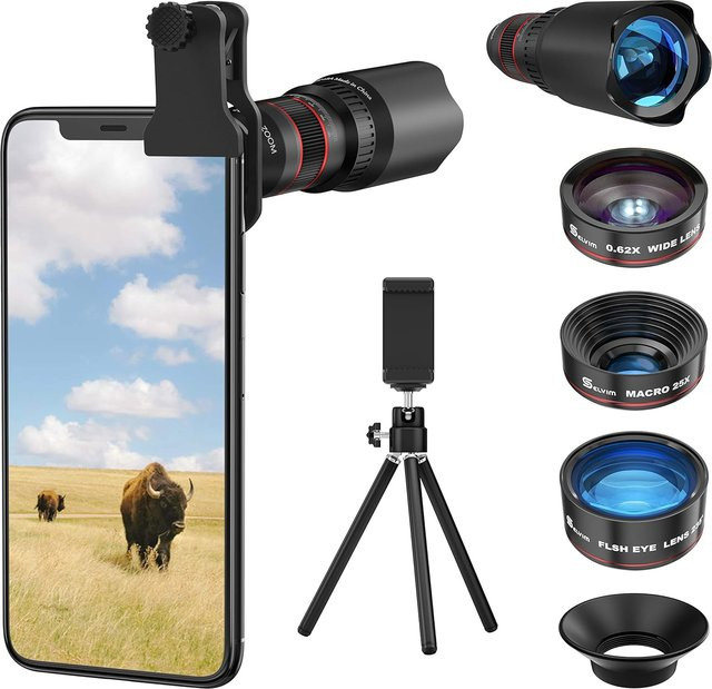VersandMobiles Handy Linsen-Kombinationsset in Schwarz mit Stativ, bestehend aus 22X Teleobjektiv, 25X Makro Objektiv, 0,62X Weitwinkel und 235° Fischauge Objektiv, universelles Smartphone Linsen Kit - Bild 1