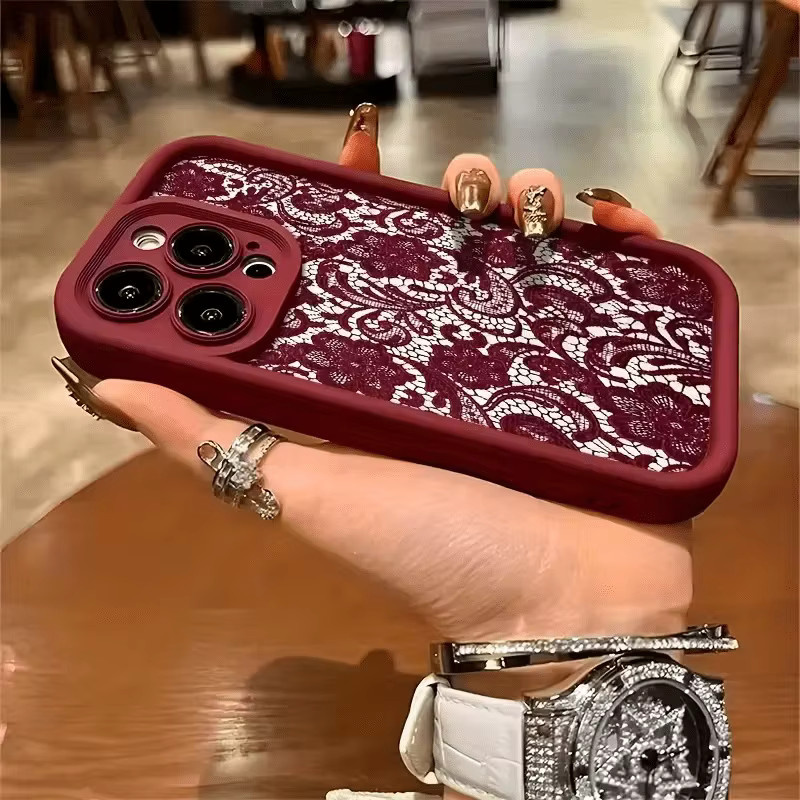 Apple iPhone Handyhülle aus TPU mit rotem Blumenmuster und Spets-Design, Anti-Drop Schutzhülle für iPhone 17 Pro Max, 16, 15, 14, 13, 12, 11 Pro Max, Xs, Xr, X, 7, 8 Plus und SE-Serie - Bild 2
