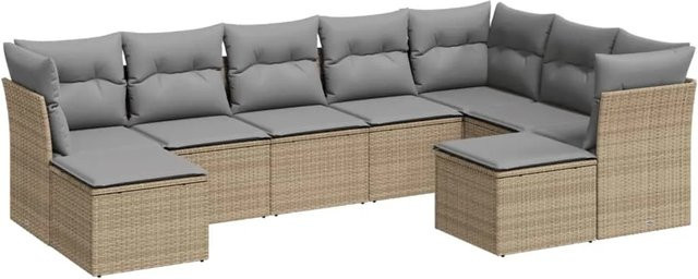 vidaXL 9-tlg Garten-Sofagarnitur Modell 85 aus Polyrattan in Beige mit Kissen und Gartenhockern - Bild 1