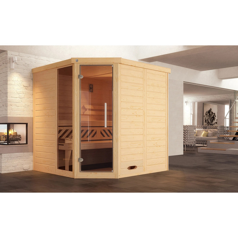 Weka Massivholzsauna Kemi Ecksauna mit BioS Glastür und Fenster, Farbe: braun/grau, B/T/H: 195 x 195 x 200 cm - Bild 2