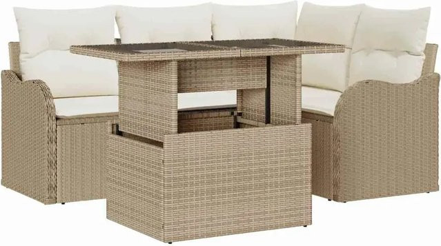 vidaXL Garten-Sofa-Set aus Poly-Rattan in Beige, 5-teiliges L-Shape Set mit Tisch und Kissen - Bild 1