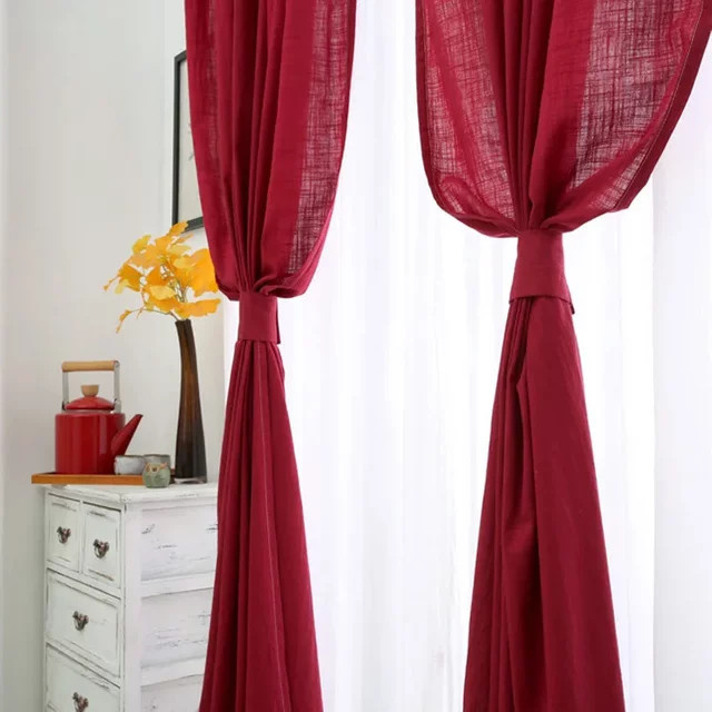 ZJBYZHOUSEHOLD Retro-Vorhang aus Baumwolle und Leinen in Rot, halbtransparent, Höhe: 210 cm, Breite: 100 cm - Bild 1
