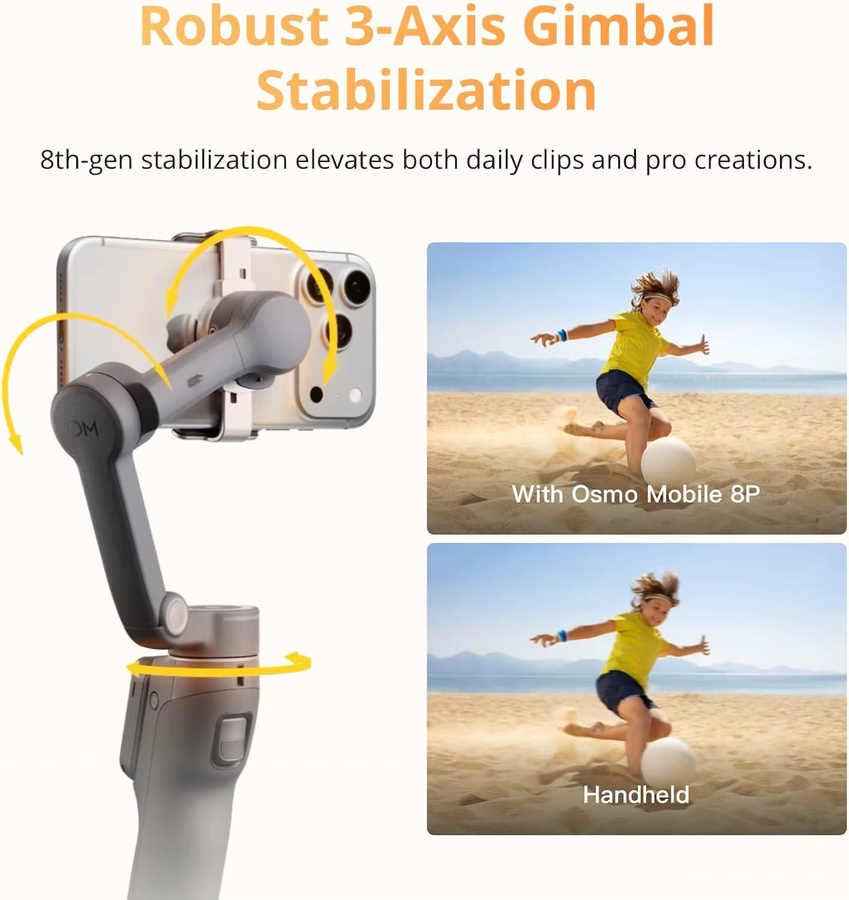 DJI OSMO Mobile 8P Gimbal-Stabilisator für iPhone und Android mit 3-Achsen-Stabilisierung, Funksteuerung, nativem Tracking, integrierter Verlängerungsstange und Stativ - Bild 4