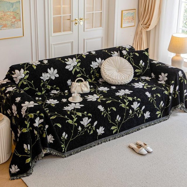 Super Six Retro Französisches Sofa Abdeckung aus Chenille und Jacquard mit floralem Muster, B/T: 180 x 130 cm, Schwarz/Mehrfarbig - Bild 1