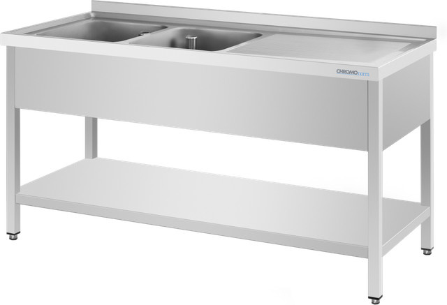 CHROMOnorm Spültisch mit 2 Becken links und Zwischenboden, grau, B/H/T: 160 x 90 x 70 cm - Bild 1