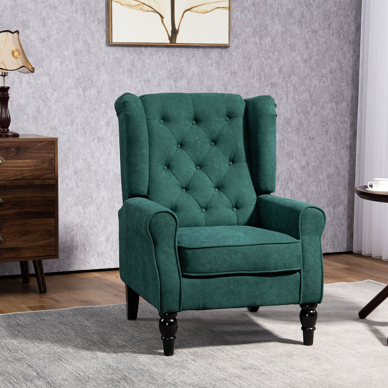 HOMCOM Ohrensessel mit Armlehnen und Kissen in Dunkelgrün, klassischer Loungesessel mit Tufting und Holzbeinen für Wohnzimmer und Schlafzimmer - Bild 2