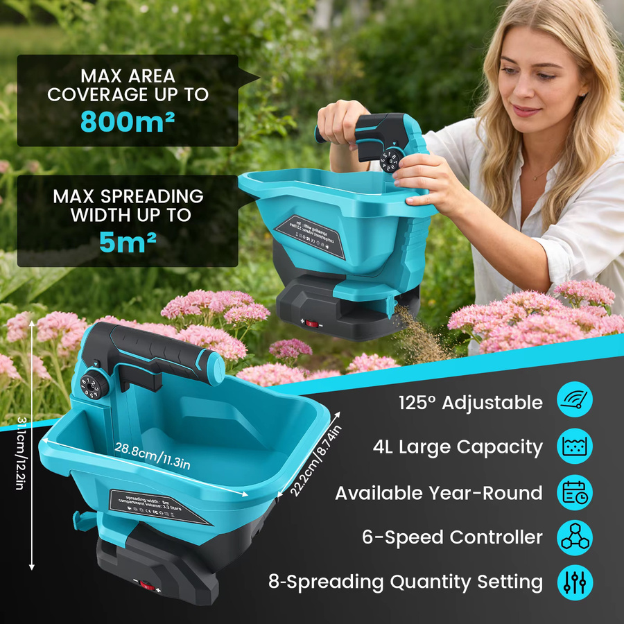 Kabelloser Makita Düngerstreuer mit 3,3 l Volumen, 6-stufig einstellbarer 8-stufiger Volumenregler, passend für Makita LXT 18V Akku, Blau - Bild 2