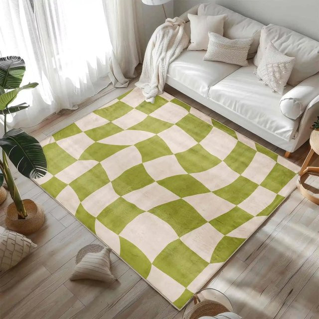 VIKAMA Mori Wave Karierter Teppich in Grün und Weiß, rutschfest und modern für Wohnzimmer oder Schlafzimmer - Bild 1