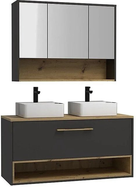 Vente-unique Badmöbel-Set Yangra Anthrazitgrau mit Doppelwaschbecken, Waschbeckenunterschrank und Spiegelschrank, Breite: 120 cm - Bild 1