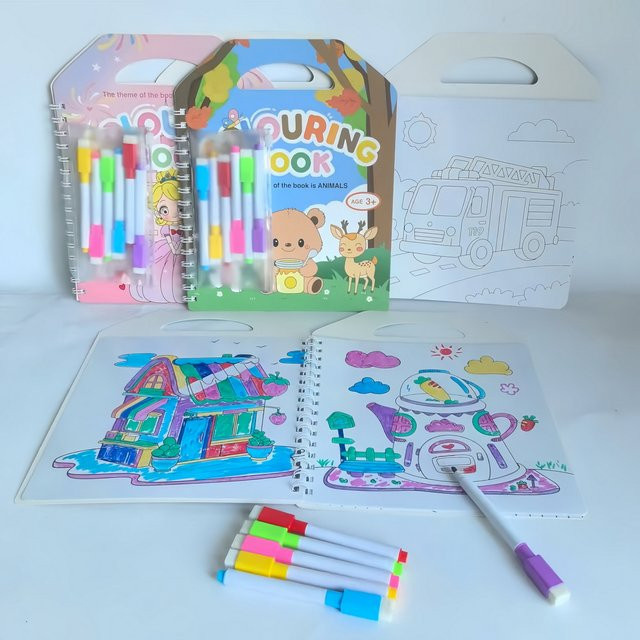 Malbuch Set mit Tier-Motiven für Kinder, 16 Seiten Colorbook, Stifte, Radierer und Stiftebeutel, Mehrfarbig - Bild 1