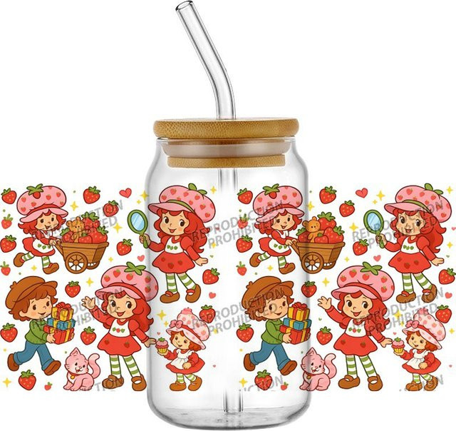 UV DTF 3D Transfer Aufkleber mit Cartoon Erdbeer-Mädchen Motiv für Glasbehälter, Multicolor - Bild 1