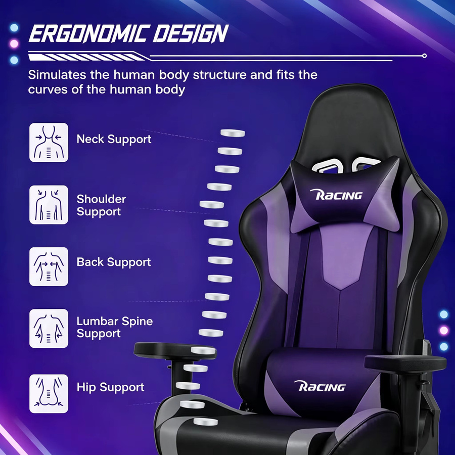 Adormii Gaming-Stuhl in Rot-Schwarz mit verstellbarem Lendenkissen, Kopfstütze und Armlehnen, ergonomischer gepolsterter Gamer-Stuhl aus Kunstleder mit 150 kg Tragfähigkeit - Bild 2