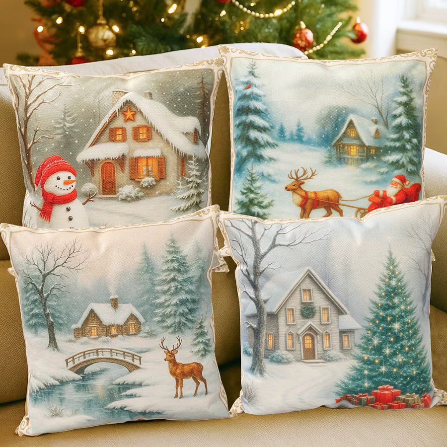 4er-Set PATIMATE Leinen Kissenbezüge mit Frohe Weihnachten Design für deine Dekoration - Bild 1
