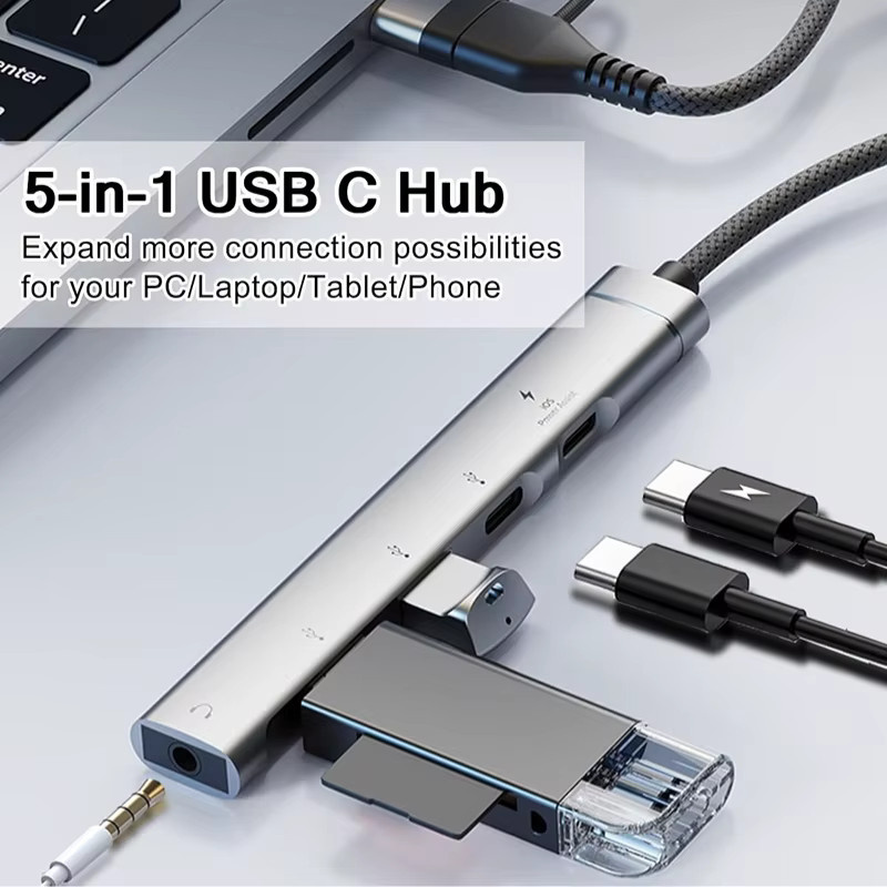 DIXSG USB-C auf 3,5 mm Audio-Adapter und OTG-USB-Hub Dockingstation in Grau - Bild 2